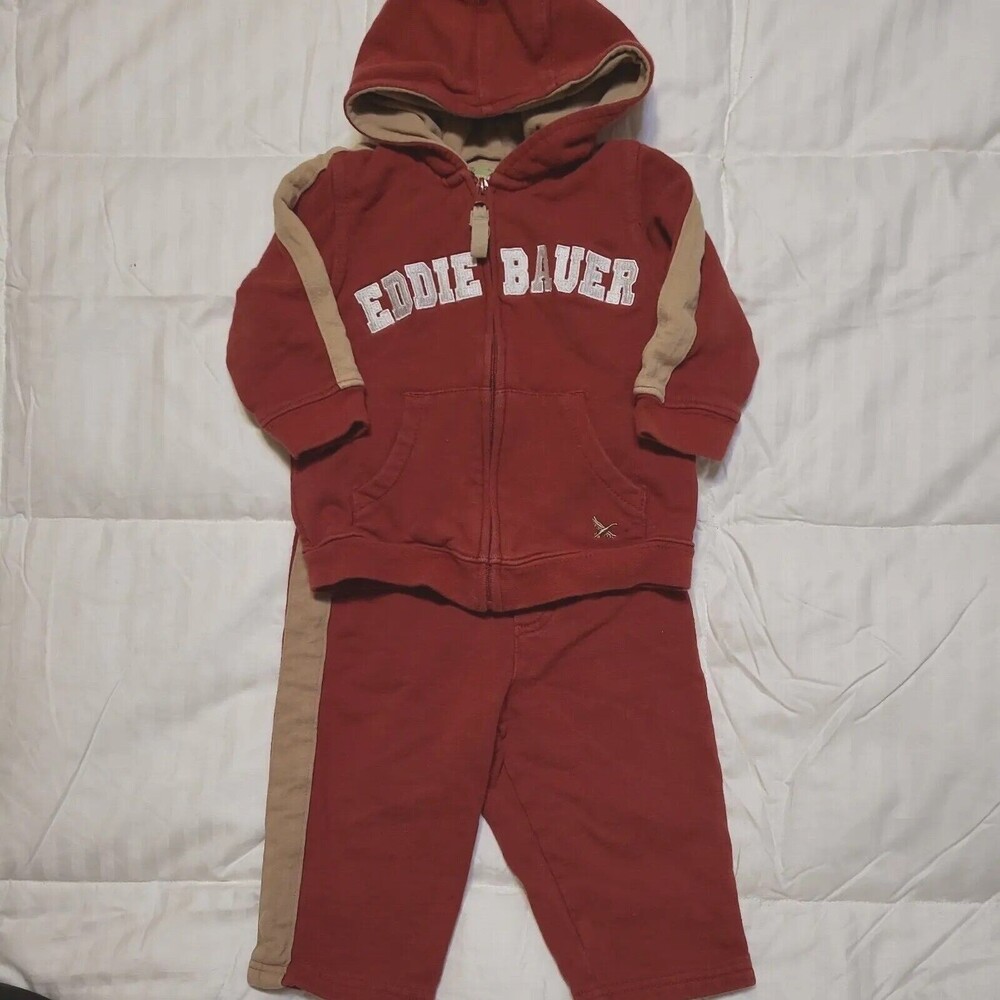 Eddie Bauer Baby Red Tan Two piece Track Suit Set 12 Months